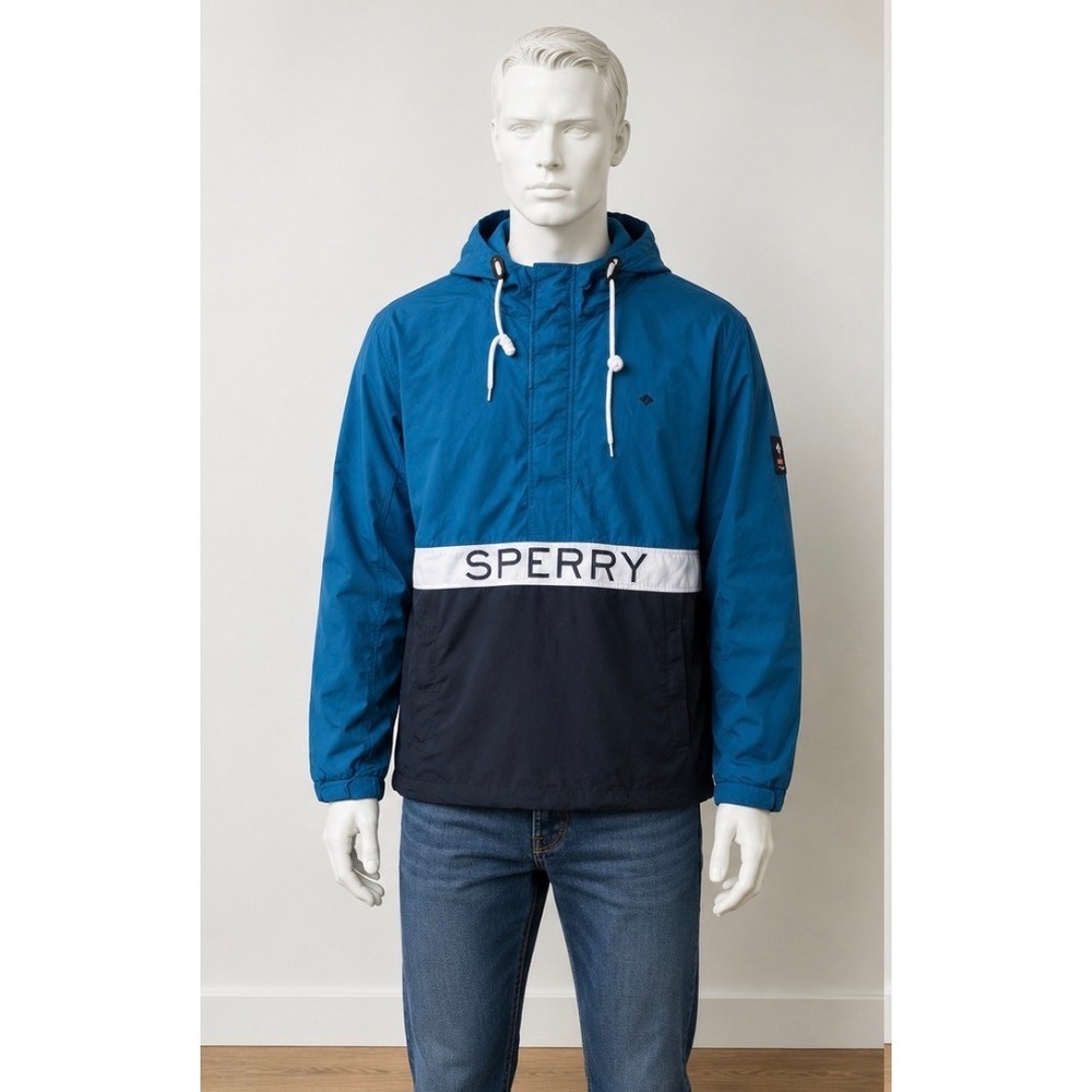 Sperry Mens XL Windbreaker colorblock Anorak hood pullover teal/blue